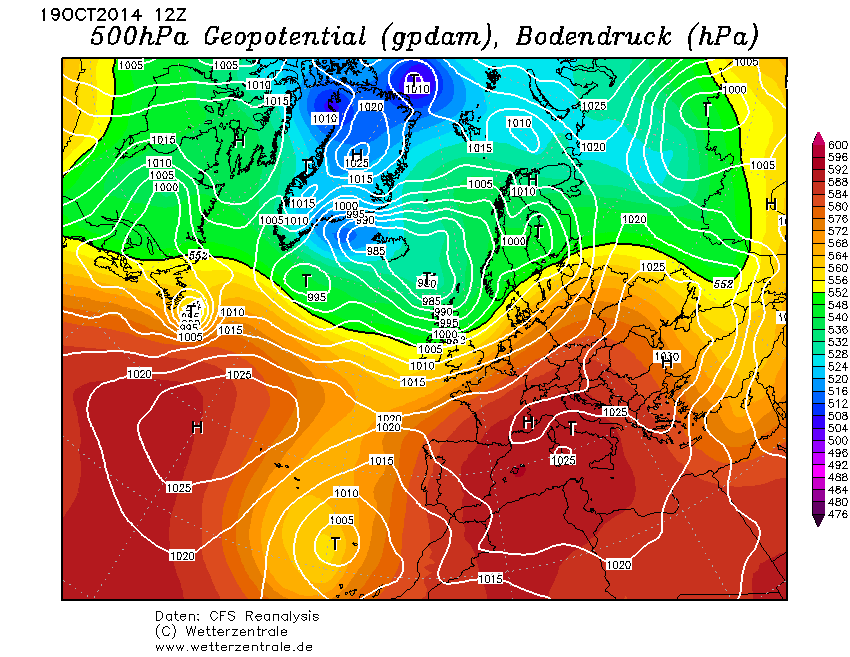 CFS-Reanalysis Surface Pressure and 500 hPa Geopotential Height in Europe 2014-Oct-19